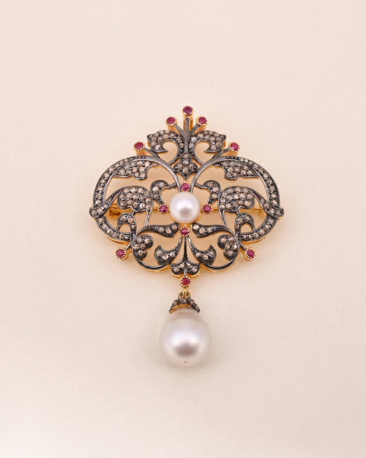 14K Yellow Gold Brid Brooch Pendant Pearl and Ruby Gemstome Natural Diamond - Jewels by Shweta