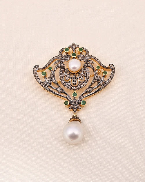 14K Yellow Gold Brid Brooch Pendant Pearl and Emerald Gemstome Natural Diamond - Jewels by Shweta