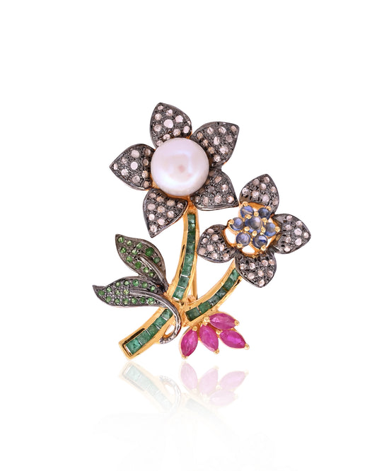 14K Yellow Gold Brid Brooch Pendant Emerald Sapphire Pearl and Tsavorite Ruby Gemstome Natural Diamond - Jewels by Shweta
