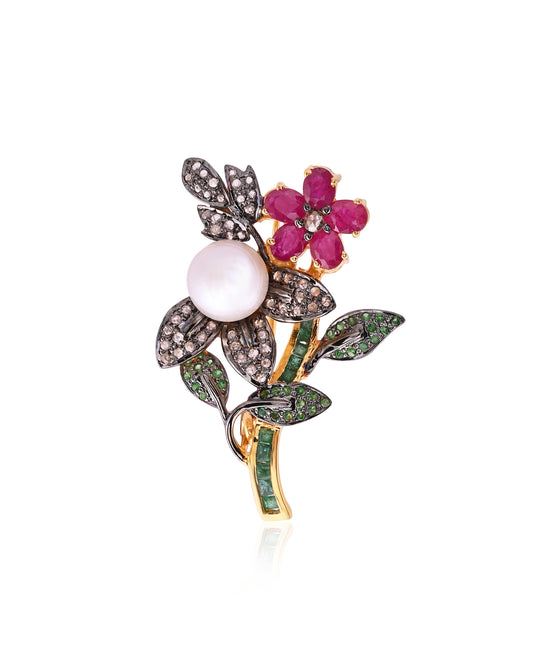 14K Yellow Gold Brid Brooch Pendant Emerald Pearl and Tsavorite Ruby Gemstome Natural Diamond - Jewels by Shweta