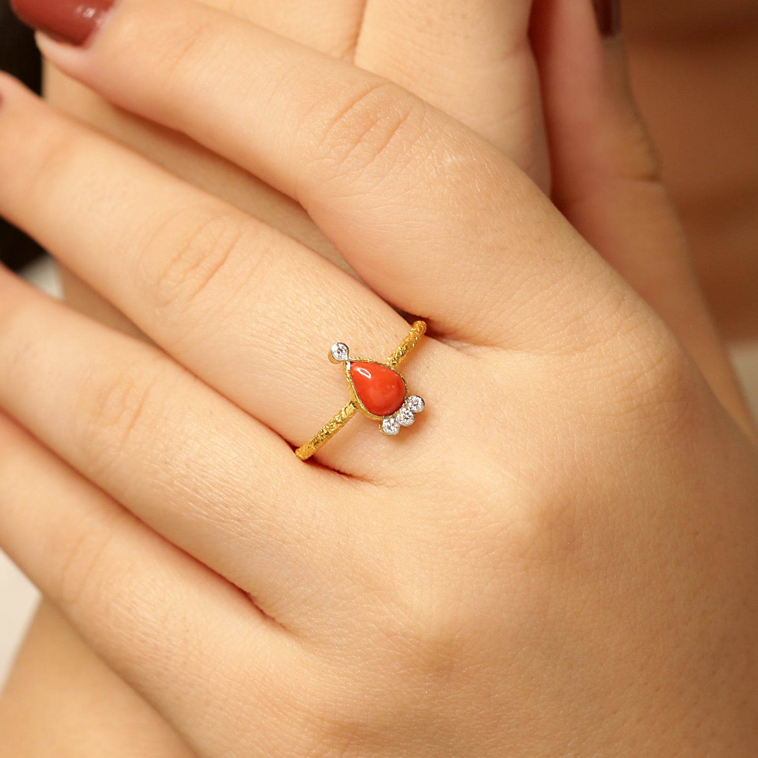 18K Gold Coral & Diamond Ring - Jewels by Shweta 18K Gold Coral & Diamond Ring - Jewels by Shweta