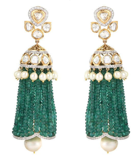 18K GOLD PEARL & EMERALD EARRINGS