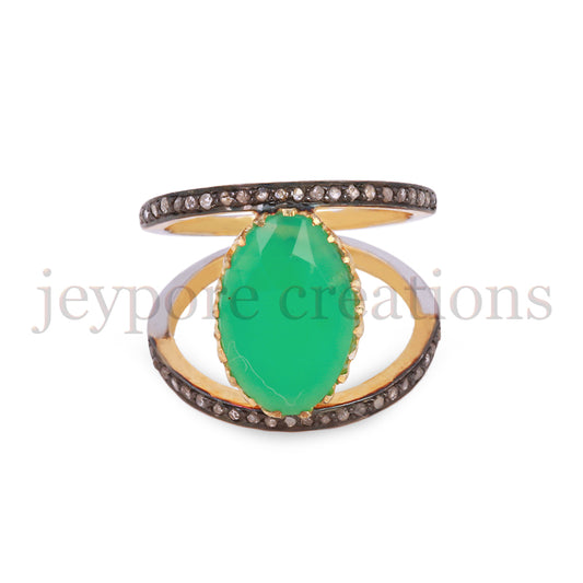 925 Silver Chrysoprase & Diamond Ring