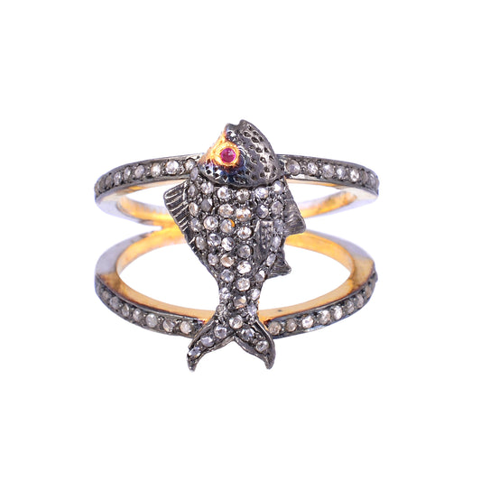 Pave Diamond Ruby Gemstone Fish Ring