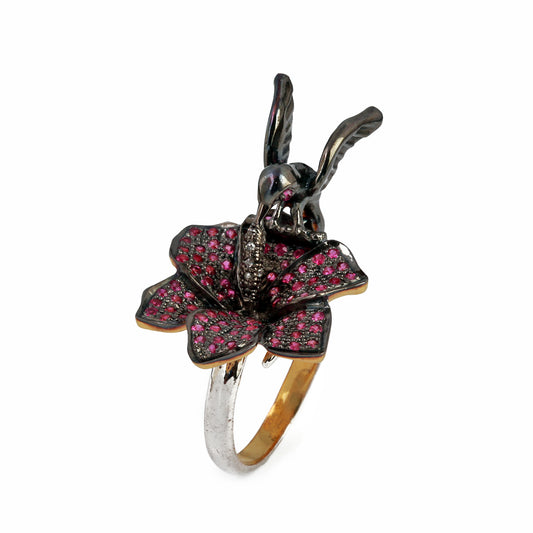 Bird on the Flower Ruby Gemstone 925 Sterling Silver Ring