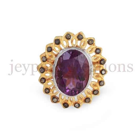 925 Silver Amethyst & Diamond Ring