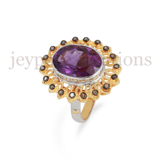 925 Silver Amethyst & Diamond Ring