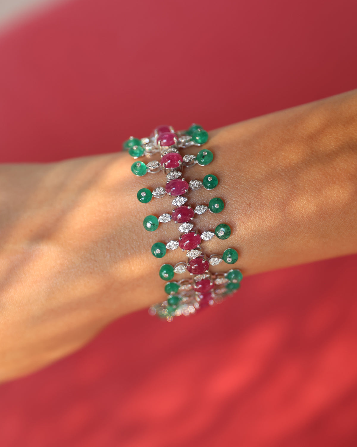 14K GOLD RUBY EMERALD GEMSTONE DIAMOND BRACELET