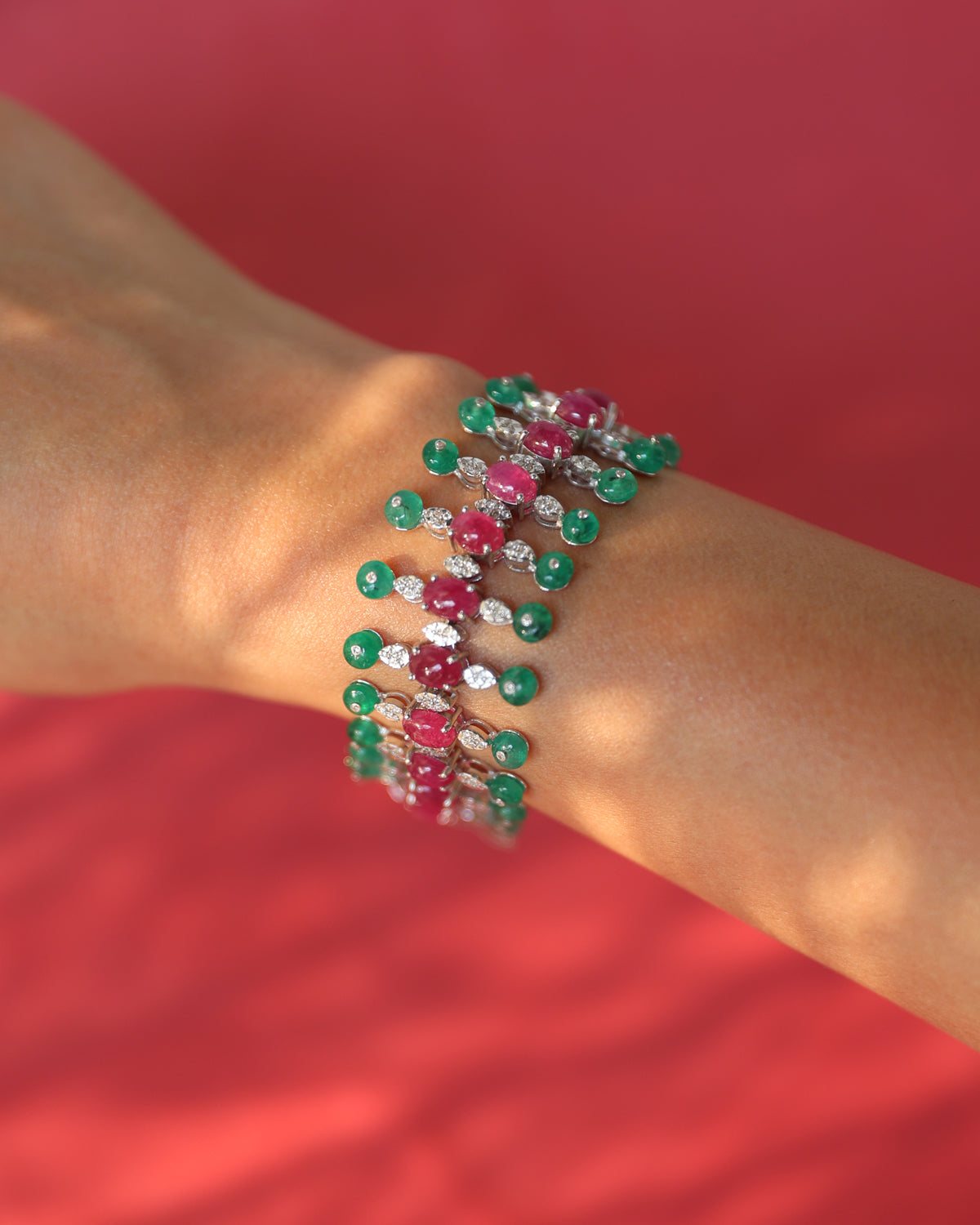 14K GOLD RUBY EMERALD GEMSTONE DIAMOND BRACELET