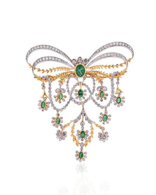 14K Yellow Gold Antique Diamond Emerald Brooch Pendant