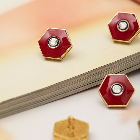 925 Silver Diamond Buttons with Red Enamel