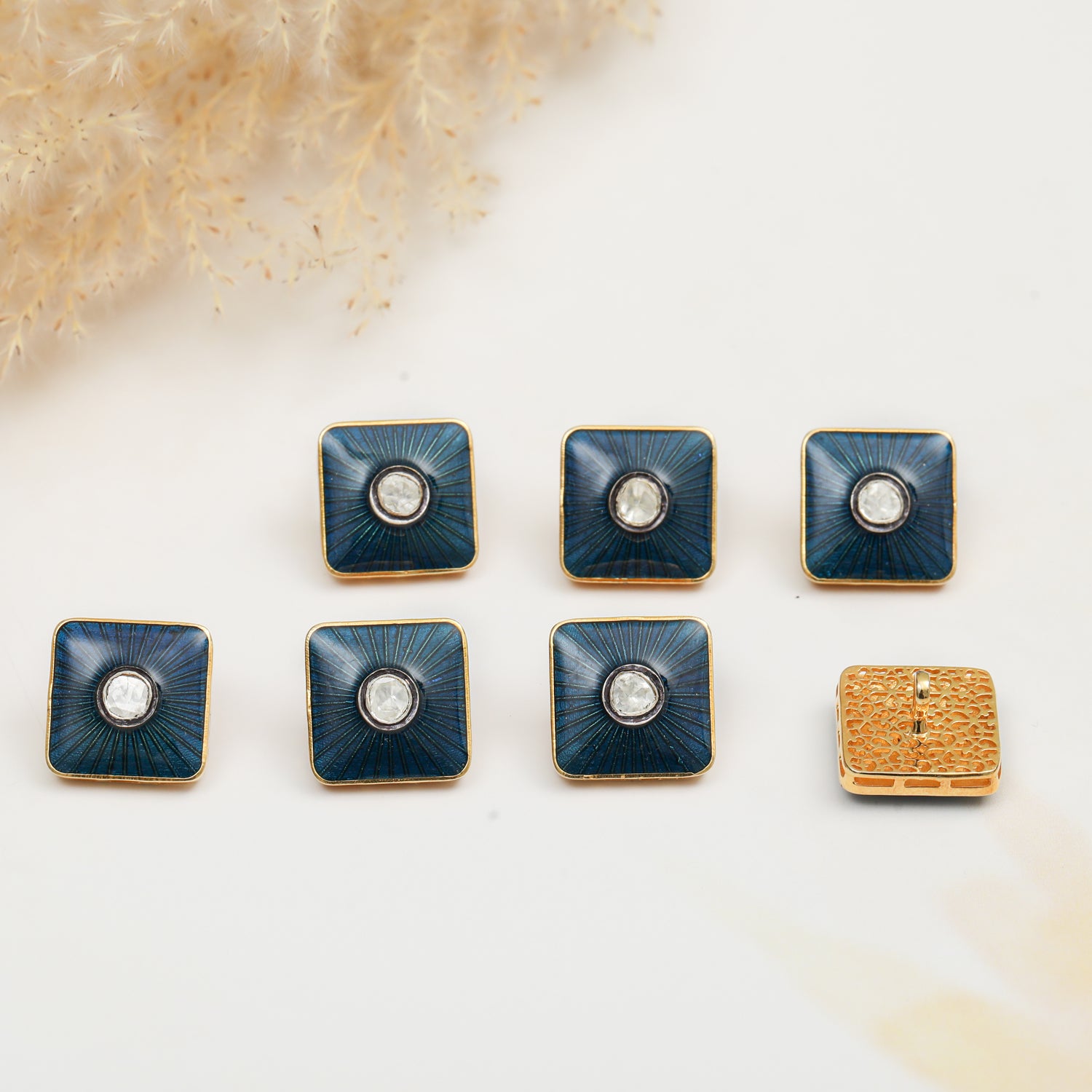 925 Silver Polki Diamond Buttons with Blue Enamel