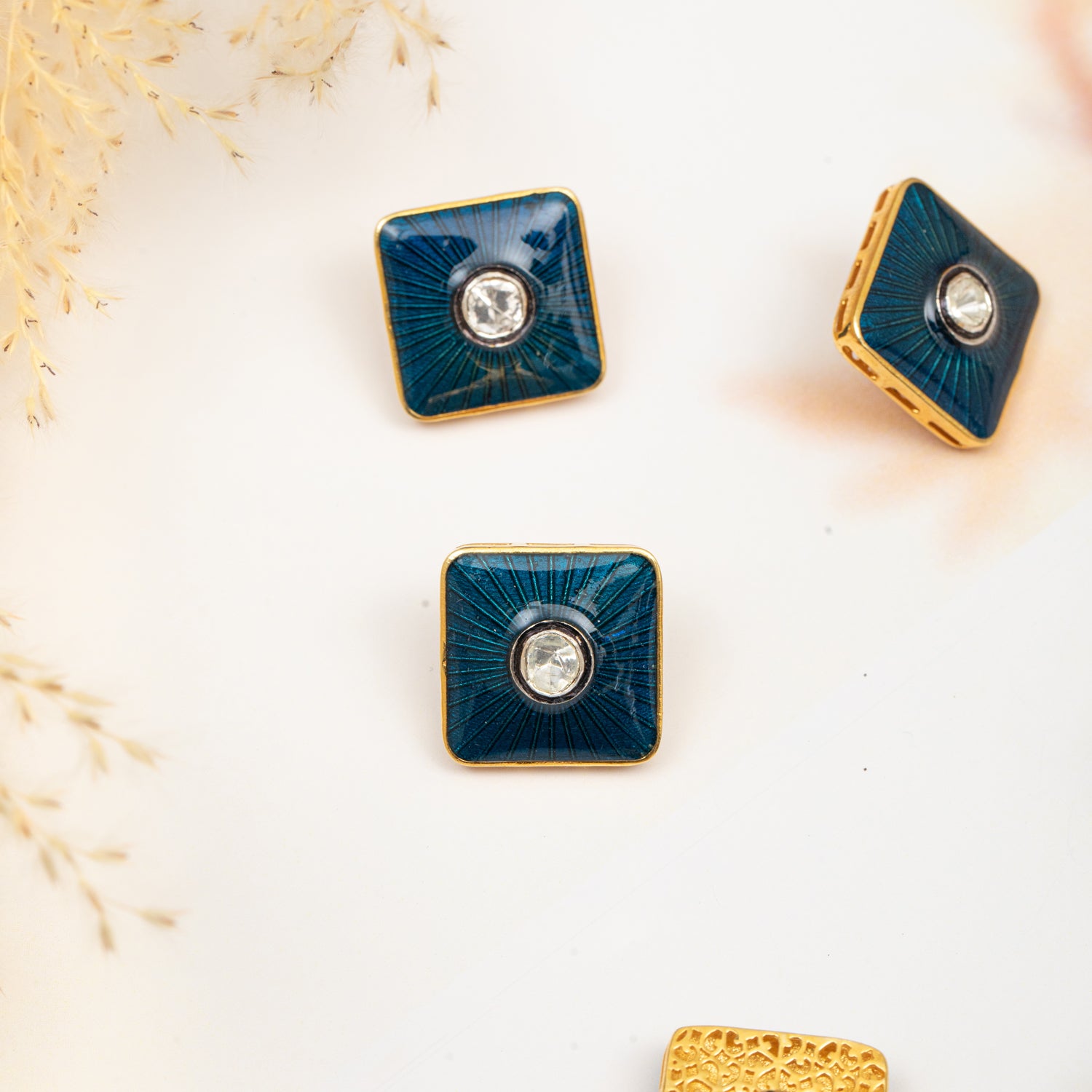 925 Silver Polki Diamond Buttons with Blue Enamel