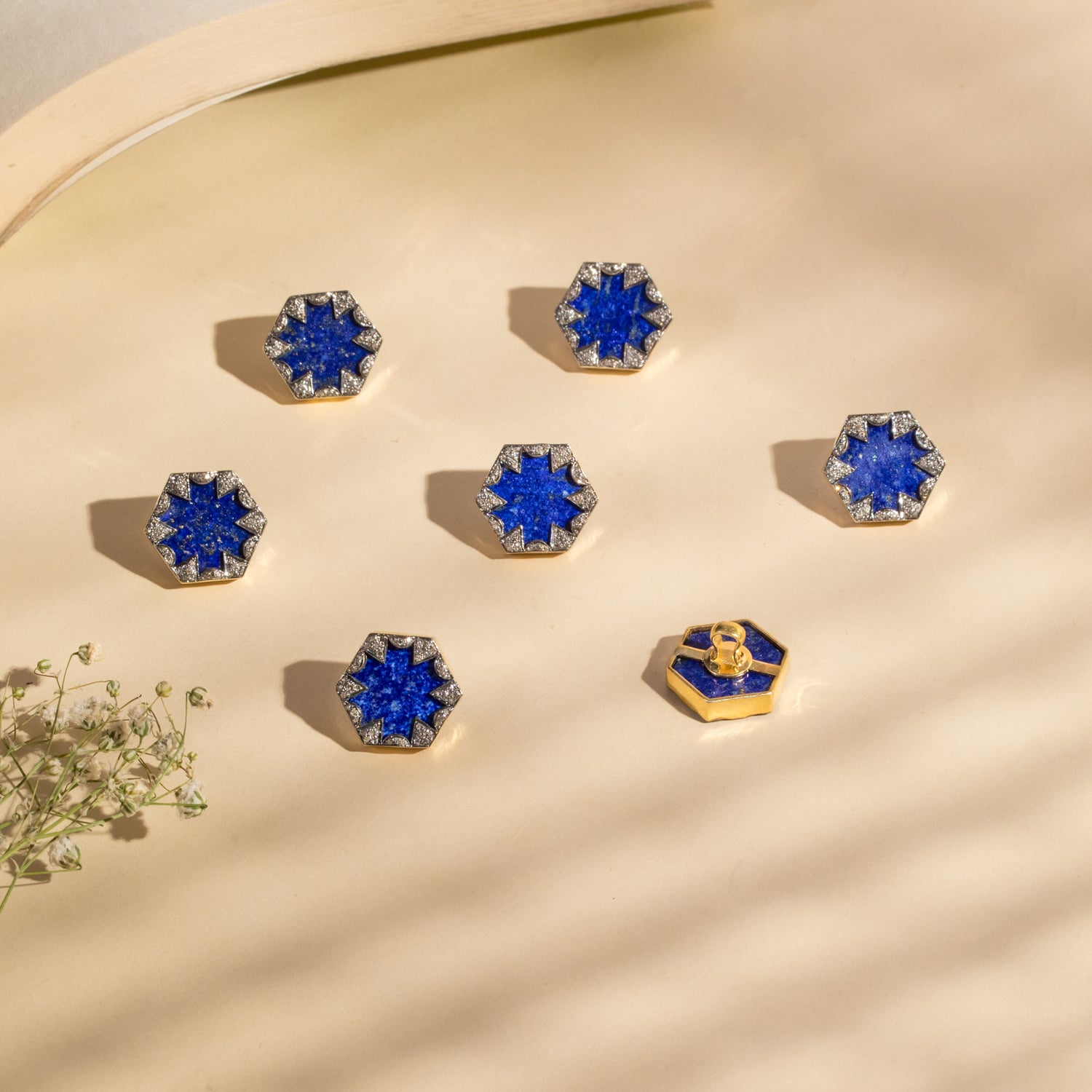 Musselshell Diamond Buttons 925 Silver Lapis & Diamond Buttons | Jeypore Creations – Jewels by Shweta