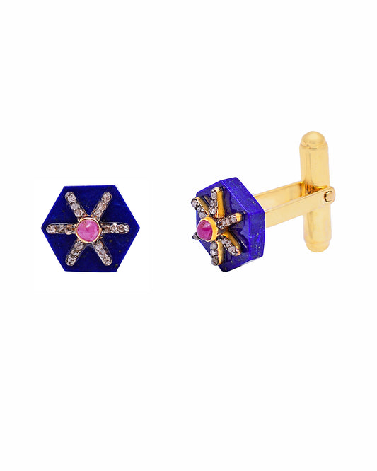 925 Silver Diamond Cufflinks with Ruby and Lapis
