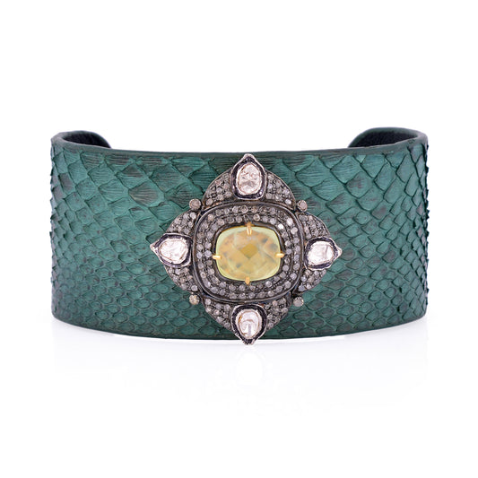 925 Silver Diamond Polki Leather Pranite Bangle