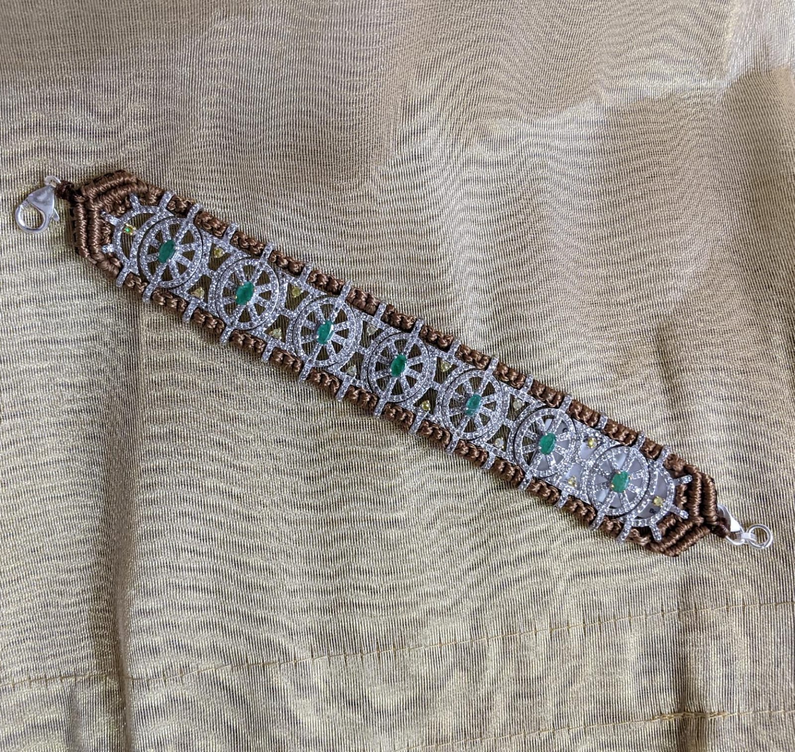 925 Silver Diamond Thread Bracelet with Emerald Gemstones