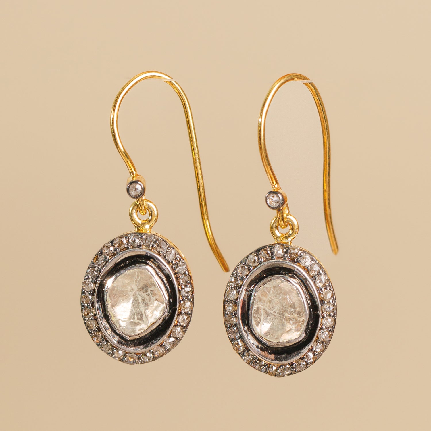 925 Silver Polki Diamond Oval Hook Earrings