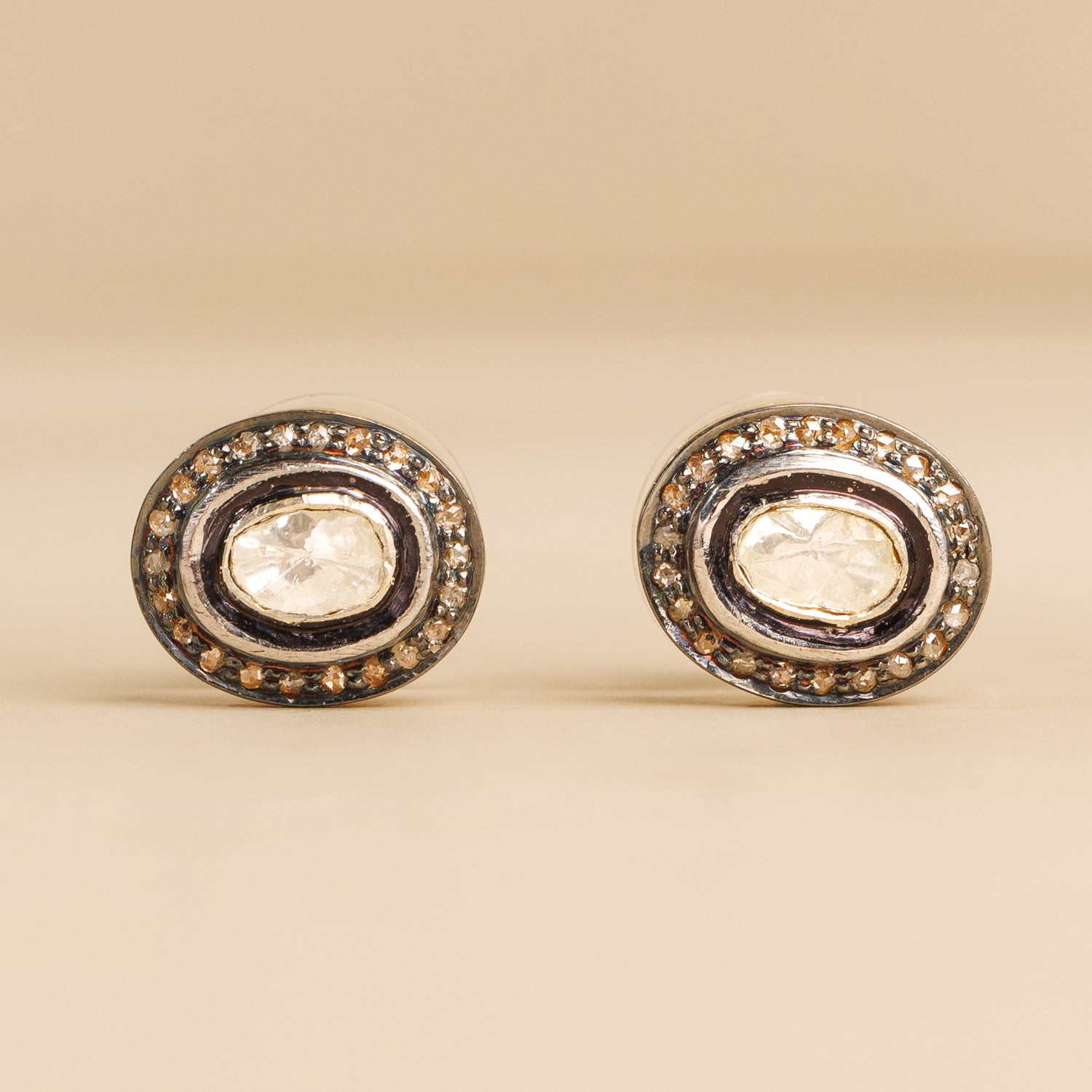 925 Silver Oval Stud Polki Diamond Earrings