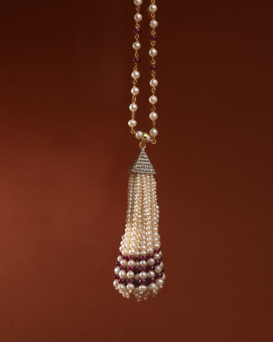 925 Silver Ruby Pearl Diamond Tassel Necklace