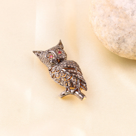 925 Silver Diamond Owl Brooch/pendant Ruby Gemstone