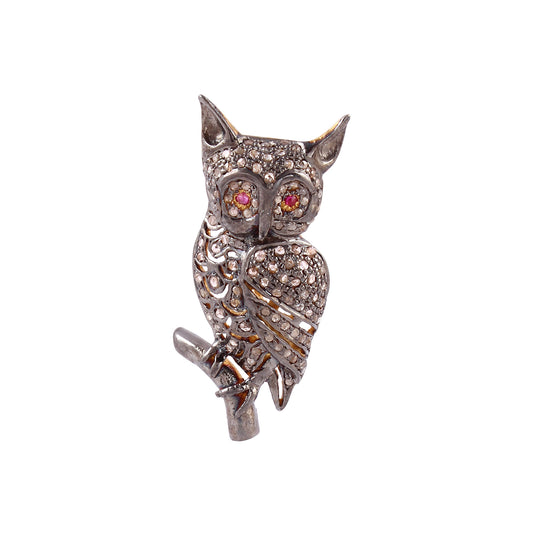 925 Silver Diamond Owl Brooch/pendant Ruby Gemstone