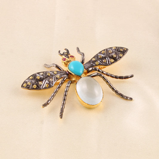 925 Silver Diamond Bee Brooch/pendant Turquoise Aquamarine Gemstone