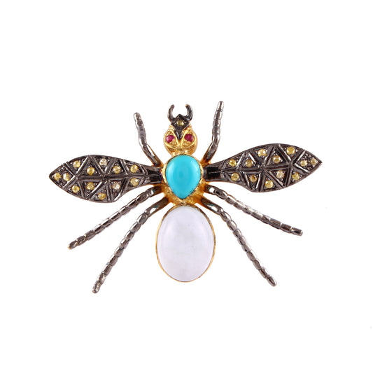 925 Silver Diamond Bee Brooch/pendant Turquoise Aquamarine Gemstone