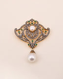 14K Yellow Gold Brid Brooch Pendant Pearl and Emerald Gemstome Natural Diamond