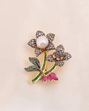 14K Yellow Gold Brid Brooch Pendant Emerald Sapphire Pearl and Tsavorite Ruby Gemstome Natural Diamond