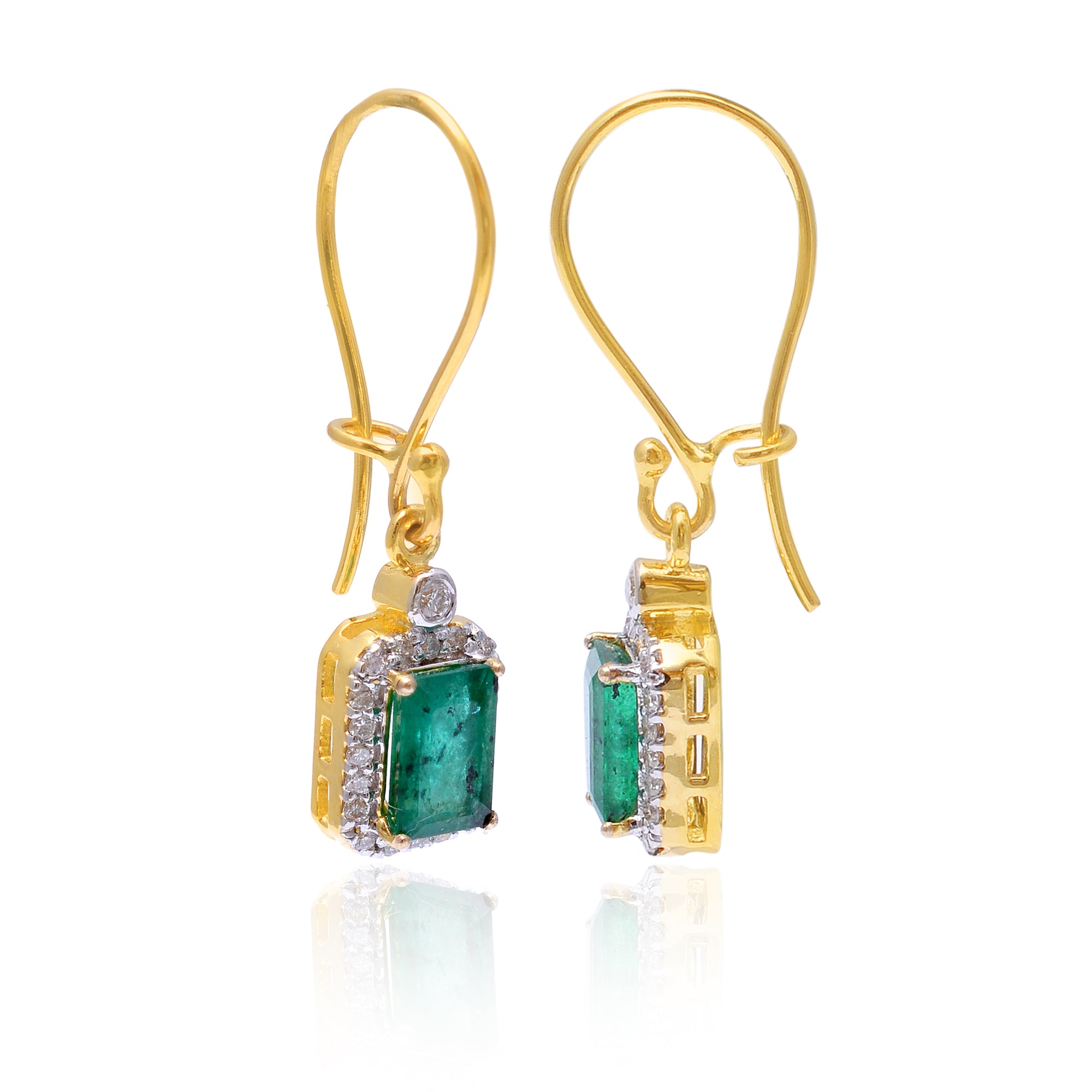 14k Yellow Gold Earrings With Diamonds and Emerald