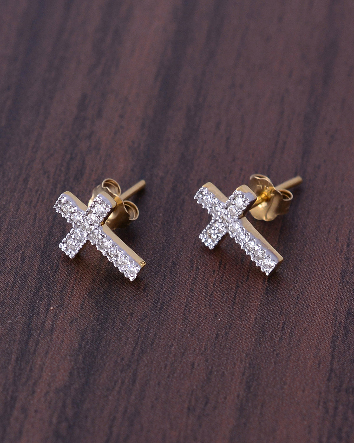 14K Gold Cross Diamond Stud Earrings