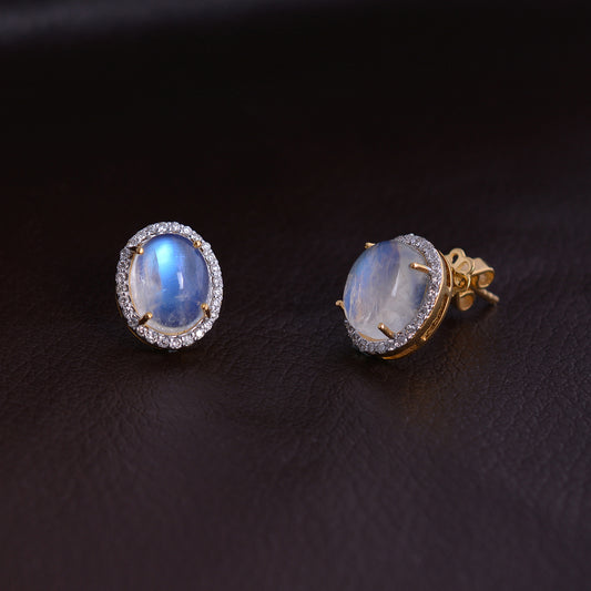 3.06 ct Moonstone Gemstone 14K Gold Diamond Pave Stud Earrings