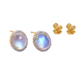 3.06 ct Moonstone Gemstone 14K Gold Diamond Pave Stud Earrings