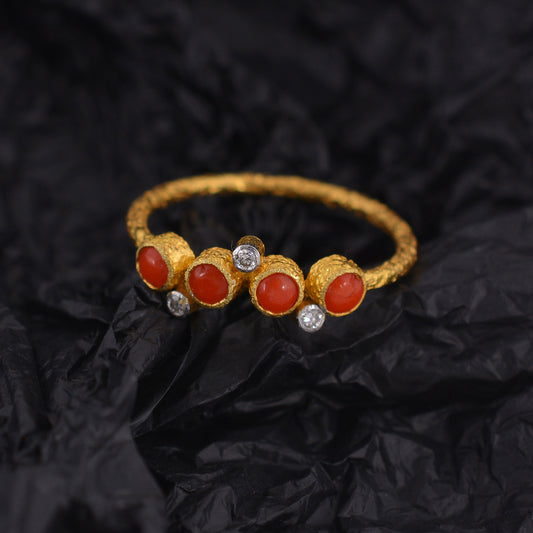 14K Gold Coral & Diamond Ring