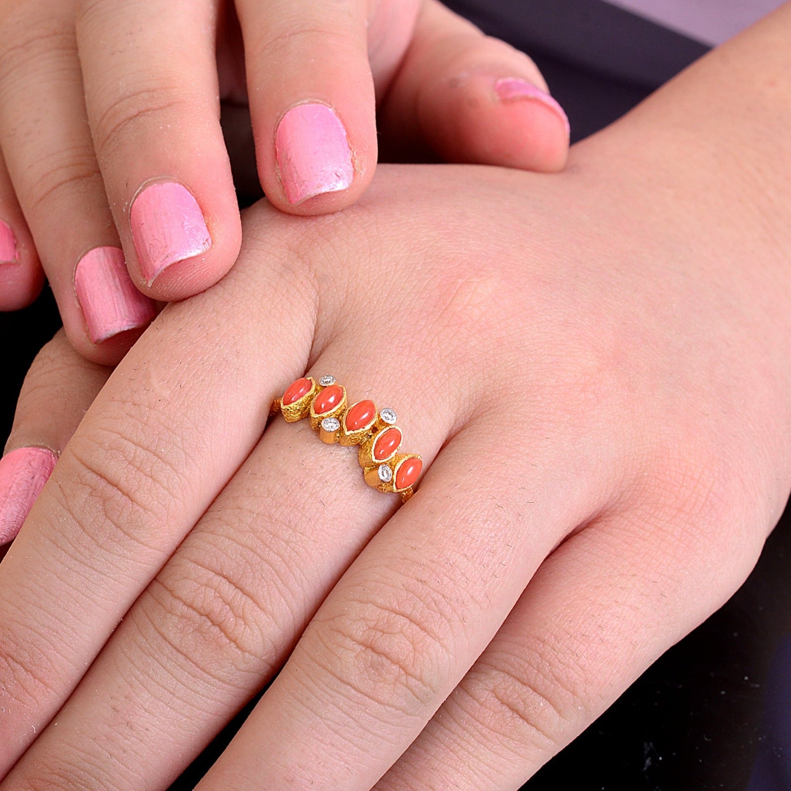 18K Gold Coral & Diamond Ring