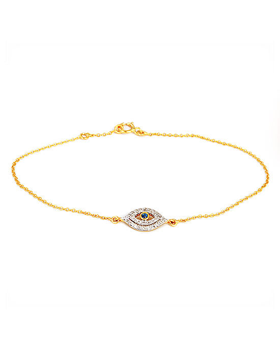 New 18K Yellow Gold Sapphire Gemstone Evil Eye Diamond Pave Chain Bracelet
