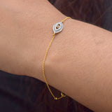 New 18K Yellow Gold Sapphire Gemstone Evil Eye Diamond Pave Chain Bracelet