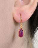 18K Yellow Gold Elegant Ruby Gemstone Bezel Setting Fine Hook Earrings