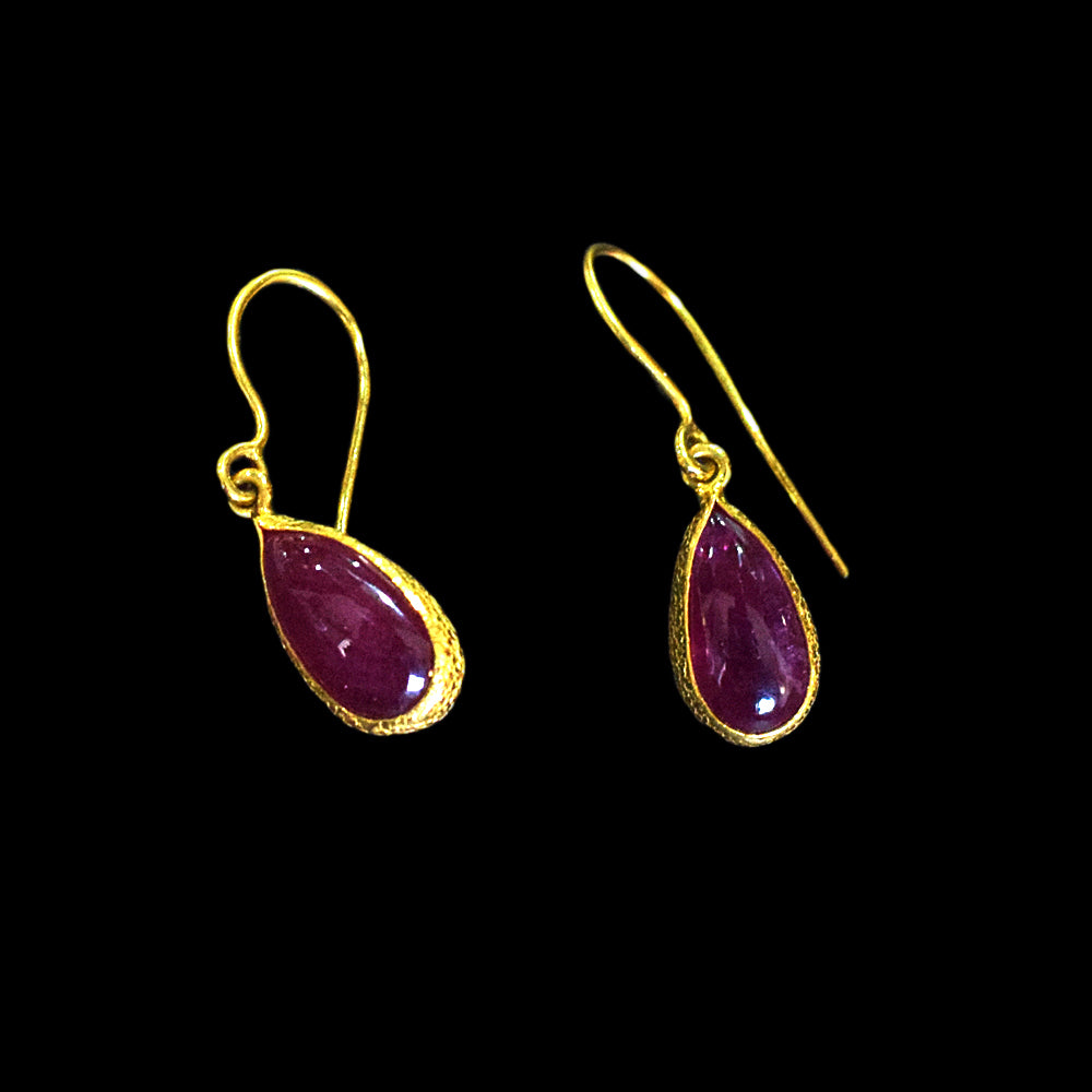 18K Yellow Gold Elegant Ruby Gemstone Bezel Setting Fine Hook Earrings