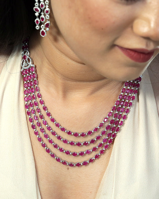 18k White Gold Ruby Gemstone Diamond Layering Wedding Necklace
