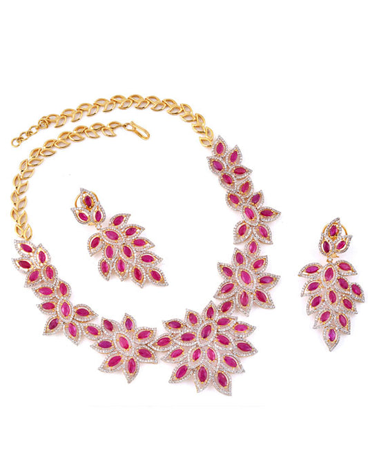 Marquise Ruby Gemstone Solid 18k Gold Diamond Necklace Set