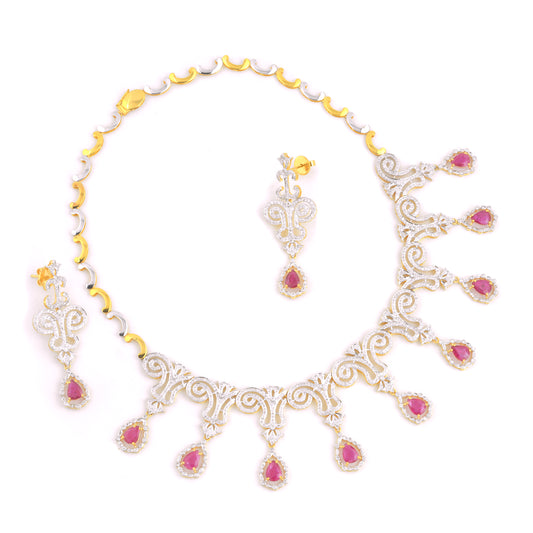 Pear Ruby Gemstone Solid 18k Gold Diamond Pave Party Wear Wedding Necklace Set