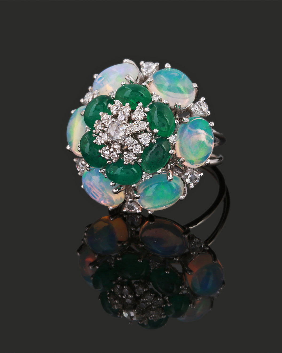 18K gold Emerald, Opal, & Diamond Ring