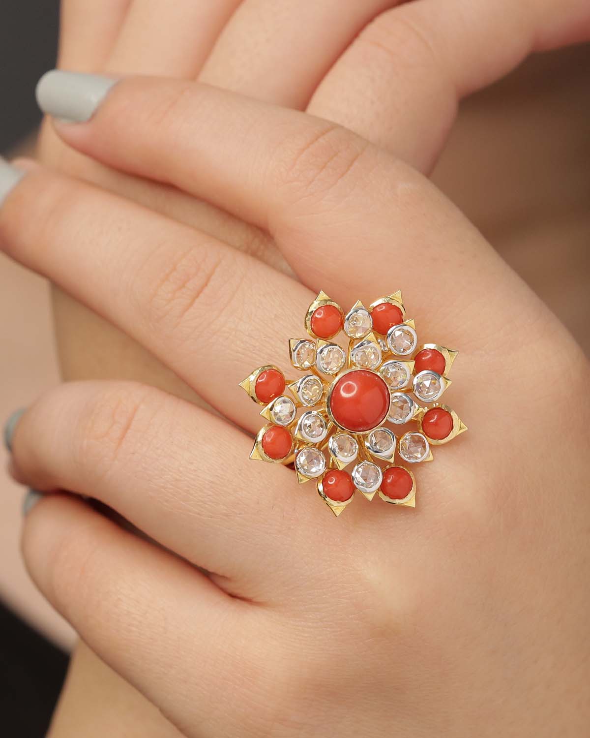 18K gold Coral & Diamond Ring