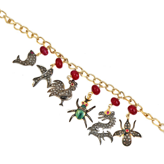 Pave Diamond Ruby Animal Charm Bracelet
