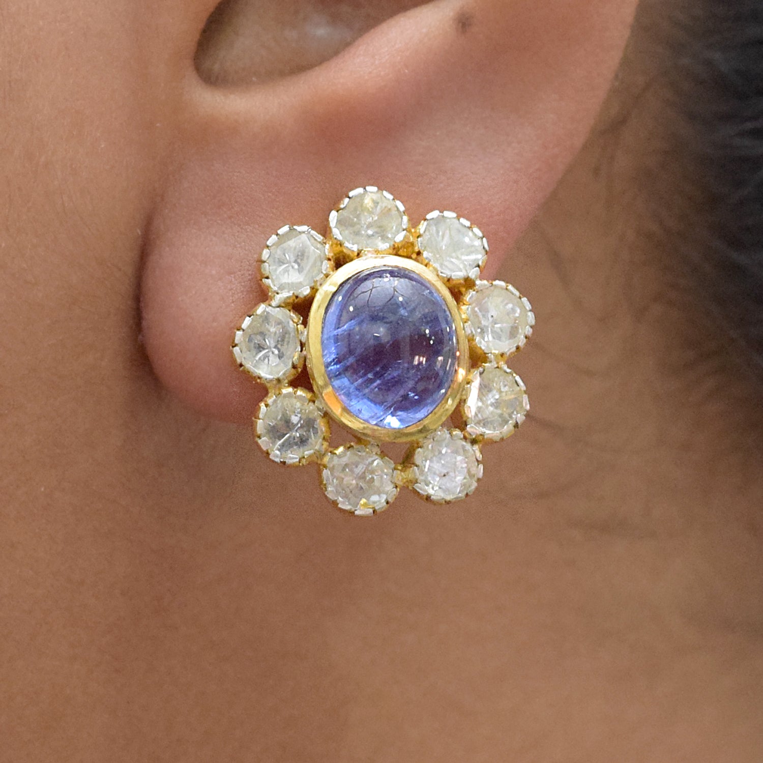 Genuine Polki Diamond Tanzanite Gemstone Floral Stud Earrings