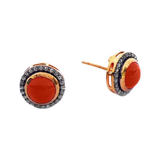 Round Coral Gemstone .925 Sterling Silver and 14k Yellow gold Pave Diamond Stud Earrings Jewelry
