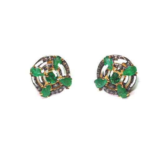Emerald Gemstone Diamond Pave Stud Earrings