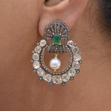 Diamond Pave Emerald Dangle Pearl Earrings